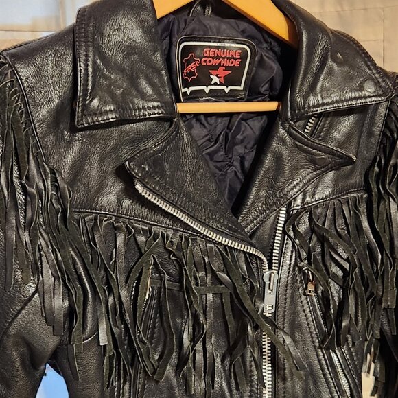 🏍️ First Fringe Genuine Cowhide Leather Biker Jacket Cropped Black 🤠 - Picture 4 of 7